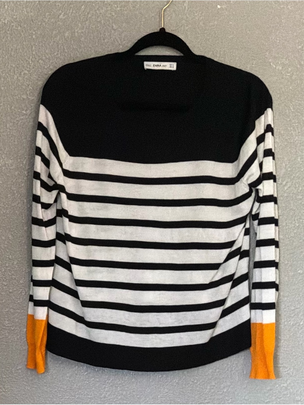 Zara Black & White Striped Crew Sweater with Orange Cuffs